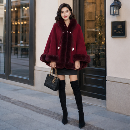 Women’s Faux Fur Cape Shawl – Chinese Style Qipao Poncho Coat with Thick Plush Design, Elegant Autumn Winter Outerwear for Sophisticated Cold Weather Fashion