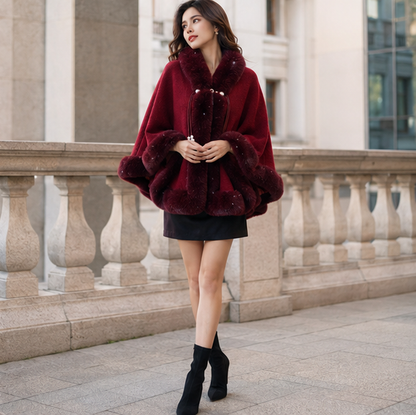 Women’s Faux Fur Cape Shawl – Chinese Style Qipao Poncho Coat with Thick Plush Design, Elegant Autumn Winter Outerwear for Sophisticated Cold Weather Fashion