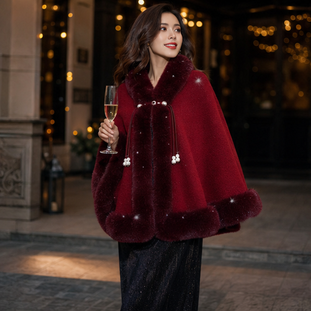 Women’s Faux Fur Cape Shawl – Chinese Style Qipao Poncho Coat with Thick Plush Design, Elegant Autumn Winter Outerwear for Sophisticated Cold Weather Fashion