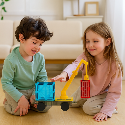 Magnetic Tiles Road Set – Extendable STEM Construction Toys with Magnetic Crane for Kids’ Educational City Building Play