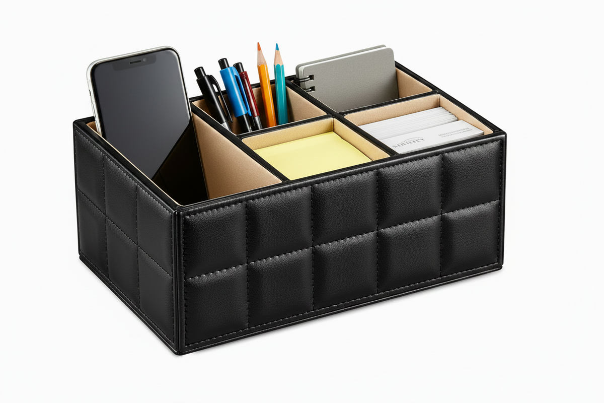 Luxury PU Leather Storage Box – Elegant Cosmetic Organizer with Makeup, Remote Control and Phone Holder for Home and Office