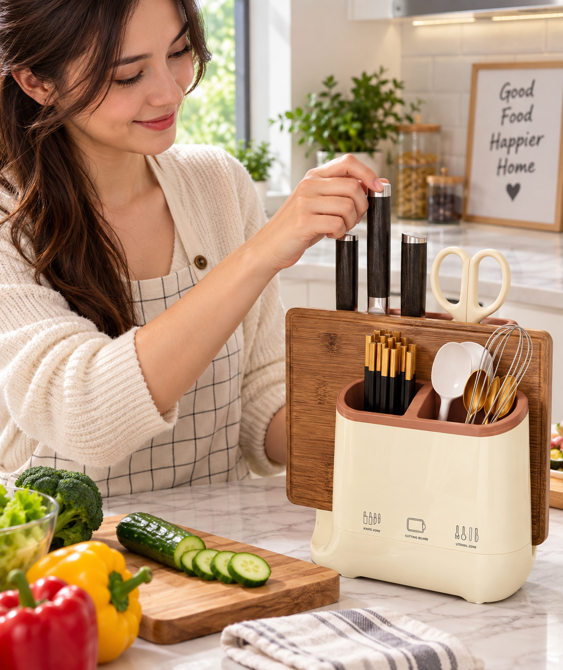 Countertop Knife and Cutting Board Organizer – Drainable Kitchen Storage Rack with Chopstick Holder for Neat, Space-Saving Utensil and Board Organization