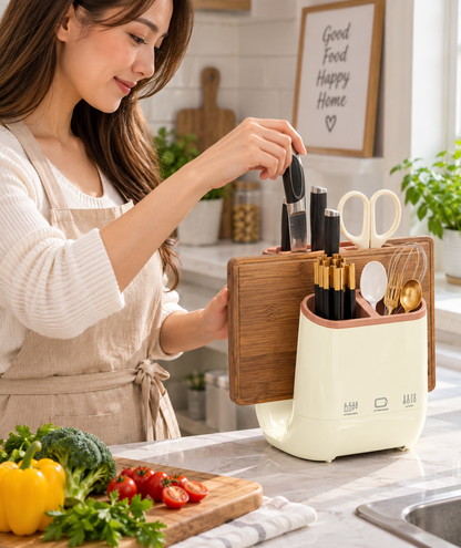 Countertop Knife and Cutting Board Organizer – Drainable Kitchen Storage Rack with Chopstick Holder for Neat, Space-Saving Utensil and Board Organization