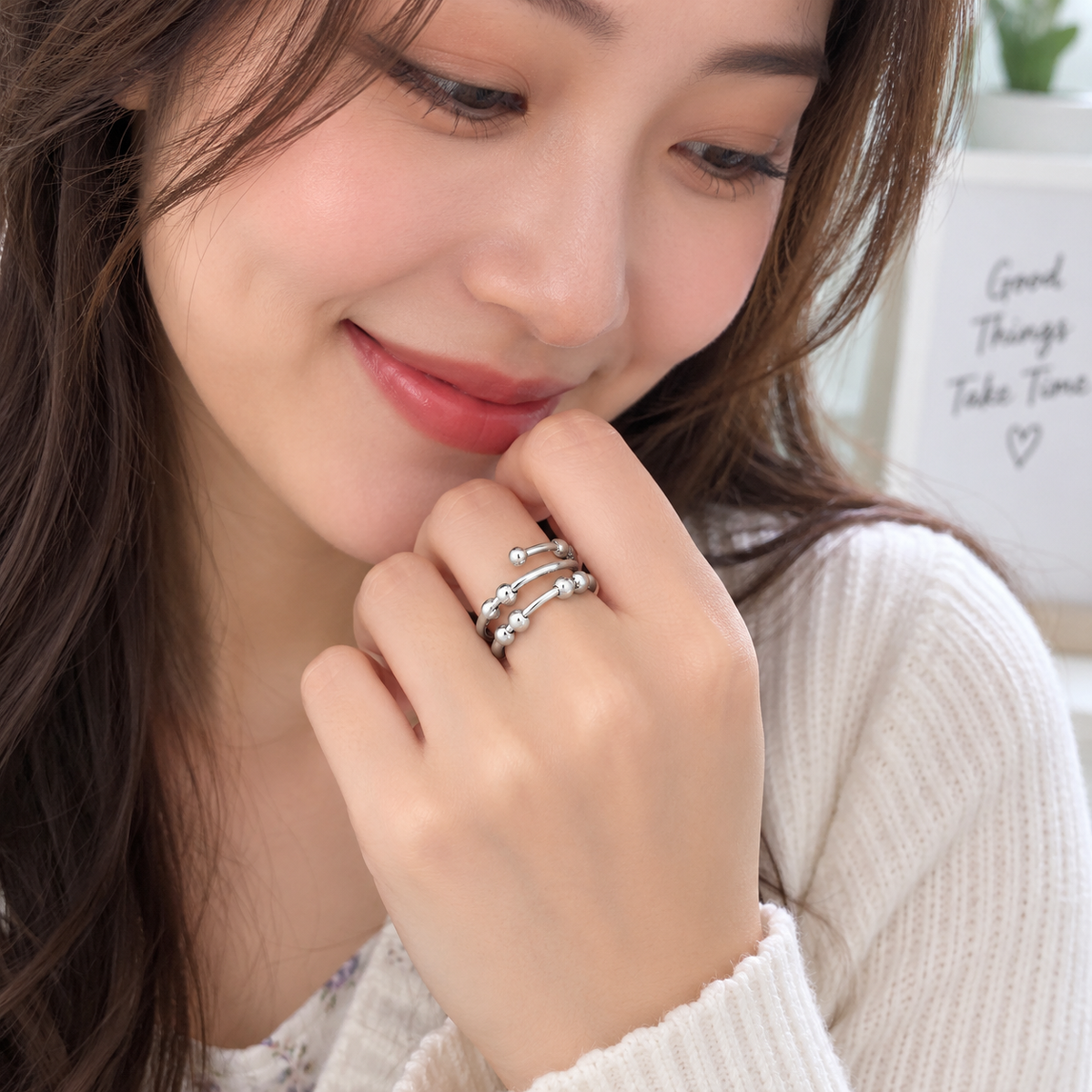 Korean Vintage Beaded Wide Ring – Silver-Tone Open Handmade Jewelry for Women and Couples with Unique Statement Style and Gift Appeal