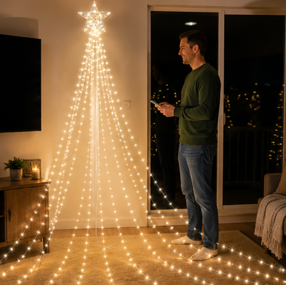 Christmas Waterfall Star Lights – USB Fairy String Lights with Eight Modes for Indoor Outdoor Holiday Decor