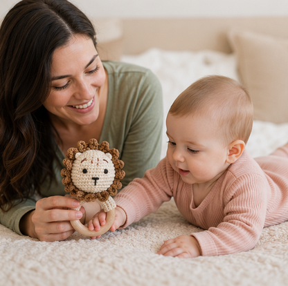 Crochet Bear Baby Rattle - Handmade Animal Teether Toy for Newborn Sensory Learning and Motor Skill Growth