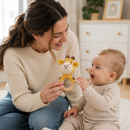 Crochet Bear Baby Rattle - Handmade Animal Teether Toy for Newborn Sensory Learning and Motor Skill Growth