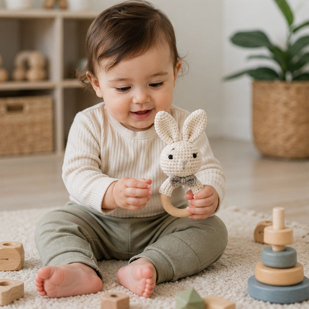 Crochet Bear Baby Rattle - Handmade Animal Teether Toy for Newborn Sensory Learning and Motor Skill Growth