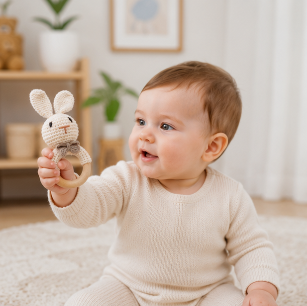 Crochet Bear Baby Rattle - Handmade Animal Teether Toy for Newborn Sensory Learning and Motor Skill Growth