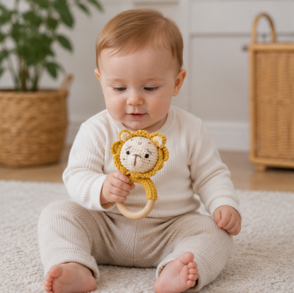 Crochet Bear Baby Rattle - Handmade Animal Teether Toy for Newborn Sensory Learning and Motor Skill Growth