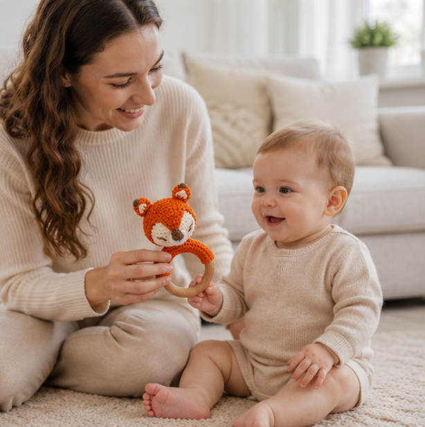 Crochet Bear Baby Rattle - Handmade Animal Teether Toy for Newborn Sensory Learning and Motor Skill Growth