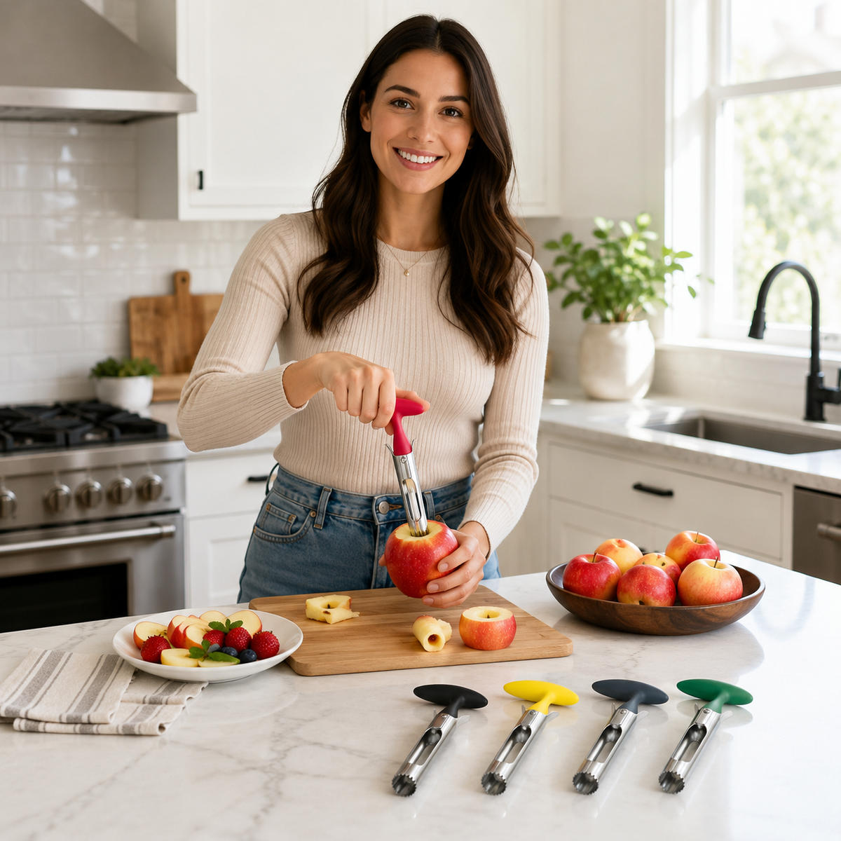 Stainless Steel Apple Corer Tool - Premium Fruit Seeder Slicer for Apples Pears and Quick Kitchen Food Preparation