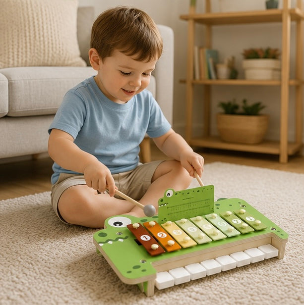 Wooden Crocodile Piano Toy - Musical Percussion Instrument for Preschool Learning, Brain Development and Creative Play