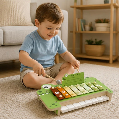 Wooden Crocodile Piano Toy - Musical Percussion Instrument for Preschool Learning, Brain Development and Creative Play