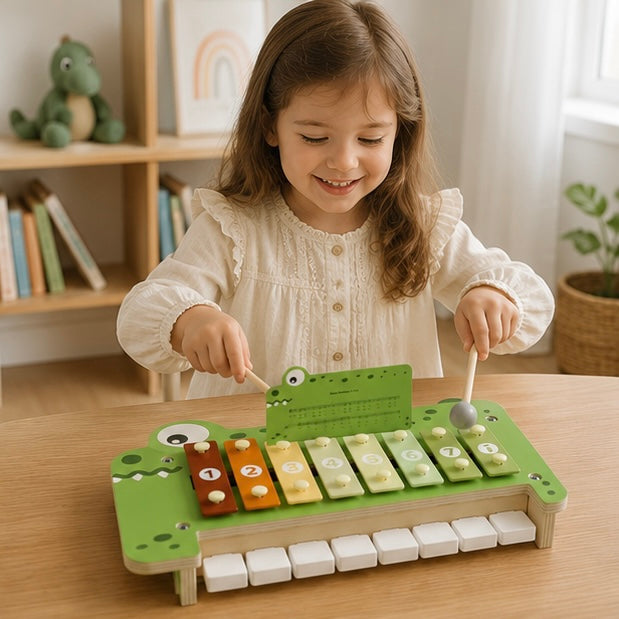 Wooden Crocodile Piano Toy - Musical Percussion Instrument for Preschool Learning, Brain Development and Creative Play