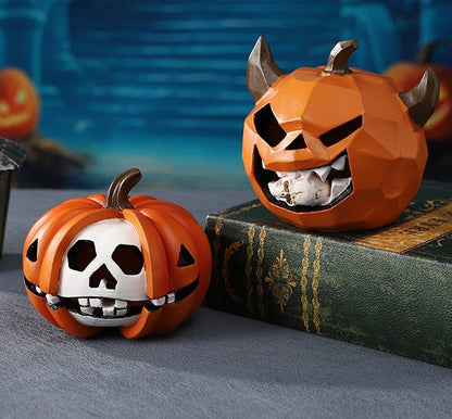 Halloween Pumpkin Skull Resin Figurine – Horror-Themed Decorative Ornament for Desktop Display, Creepy Crafts, and Festive Haunted Atmosphere Props