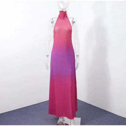 Shiny Gradient Halter Maxi Dress – Rainbow Color Backless Wrap Gown with Side Split for Beach, Party, and Evening Elegance