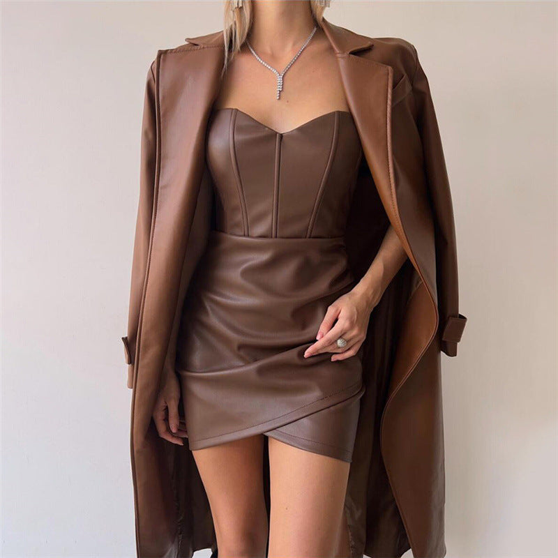 PU Leather Strapless Tube Dress – Sexy Sleeveless Bodycon Mini Party Dress for Club and Cocktail Nights