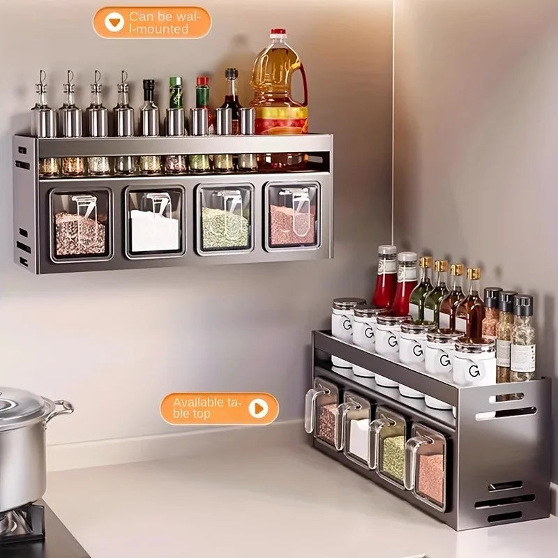Stainless Steel Wall-Mounted Spice Rack – Multi-Functional Jar Organizer for Kitchen Storage, Wall Box Tray for Herbs, Condiments