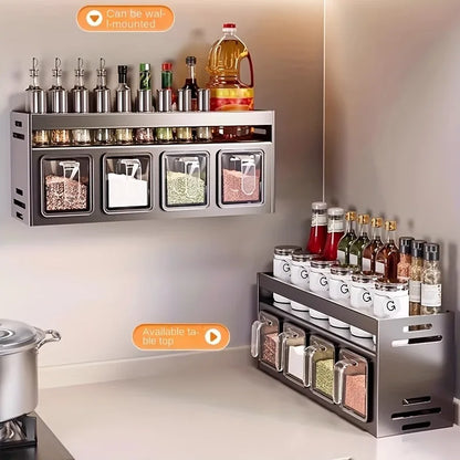 Stainless Steel Wall-Mounted Spice Rack – Multi-Functional Jar Organizer for Kitchen Storage, Wall Box Tray for Herbs, Condiments