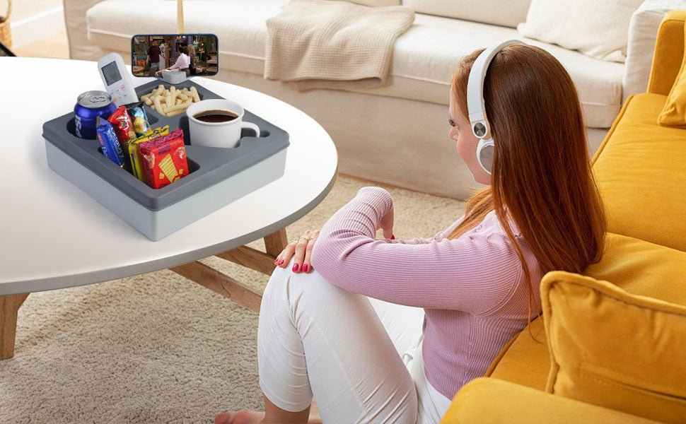 Grey Silicone Sofa Caddy Tray – Waterproof Armrest Organizer for Remotes, Snacks, Drinks & Phones in Any Living Space