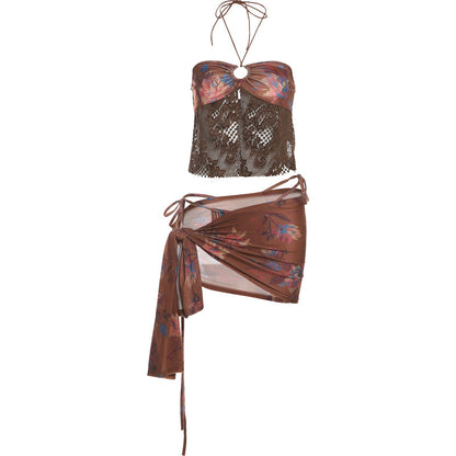 Women’s Three Piece Floral Knit Set – Halter Camisole, Lace-Up Briefs, and Ruched Knot Skirt for Beach or Clubwear