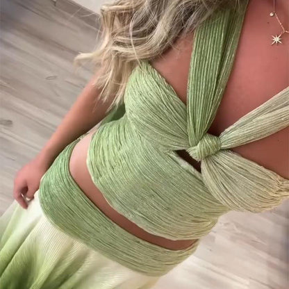 Gradient Halter Skirt Set – Sleeveless Pleated Crop Top & Floor-Length Skirt for Sexy Summer Beach Holidays