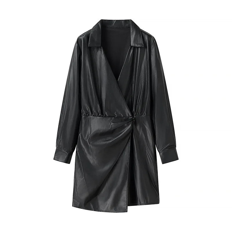 Women’s V-Neck PU Leather Long Sleeve Jumpsuit with Short Skirt – Stylish Party Outfit for Autumn and Winter Fashion