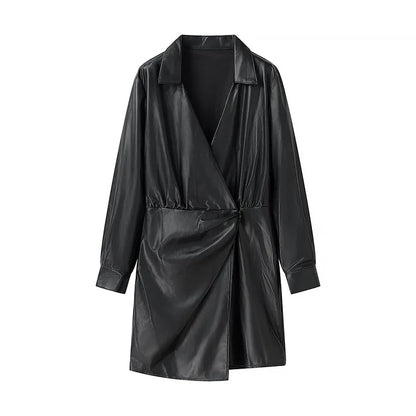 Women’s V-Neck PU Leather Long Sleeve Jumpsuit with Short Skirt – Stylish Party Outfit for Autumn and Winter Fashion
