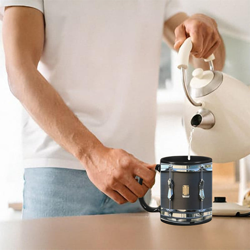 Black Ceramic Drum Mug – Unique 325ml Coffee Cup for Musicians, Drummers, and Music Lovers with Cool Retro Design