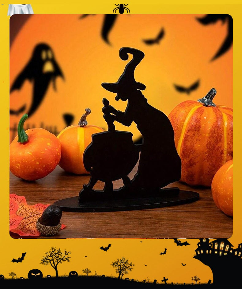 Halloween Witch and Black Cat Figurine – Wooden Apothecary Desk Ornament for Spooky Party Atmosphere, Home Decoration, and Craft Display