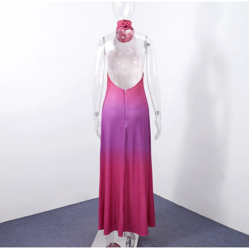 Shiny Gradient Halter Maxi Dress – Rainbow Color Backless Wrap Gown with Side Split for Beach, Party, and Evening Elegance