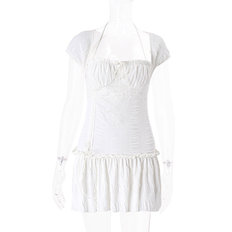 Women’s Autumn Square-Neck Mini Dress – Elegant Slim Ruched Short-Sleeve Dress for Streetwear, Parties, and Date Nights