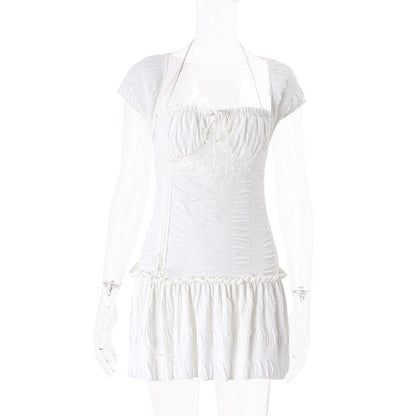 Women’s Autumn Square-Neck Mini Dress – Elegant Slim Ruched Short-Sleeve Dress for Streetwear, Parties, and Date Nights