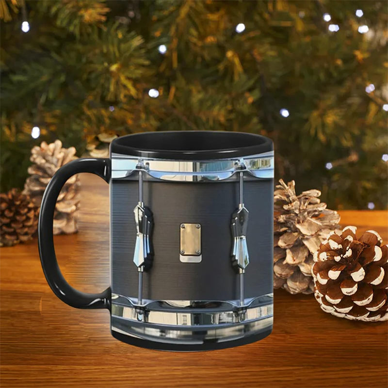 Black Ceramic Drum Mug – Unique 325ml Coffee Cup for Musicians, Drummers, and Music Lovers with Cool Retro Design