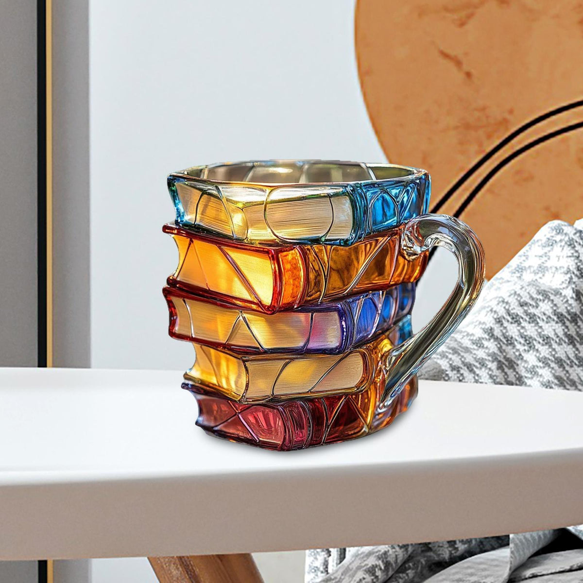 Painted Stacked Books Mug – 3D Colorful Lightweight Handmade Novelty Cup, Perfect Librarian Gift, Multipurpose Desk and Home Ornament