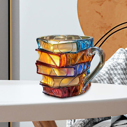Painted Stacked Books Mug – 3D Colorful Lightweight Handmade Novelty Cup, Perfect Librarian Gift, Multipurpose Desk and Home Ornament