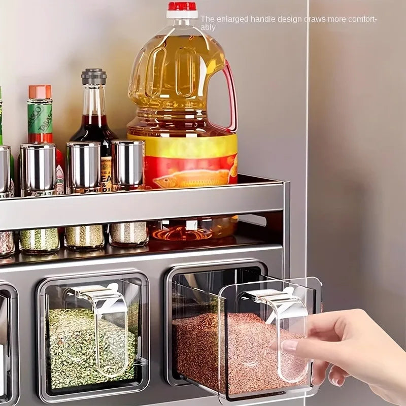 Stainless Steel Wall-Mounted Spice Rack – Multi-Functional Jar Organizer for Kitchen Storage, Wall Box Tray for Herbs, Condiments