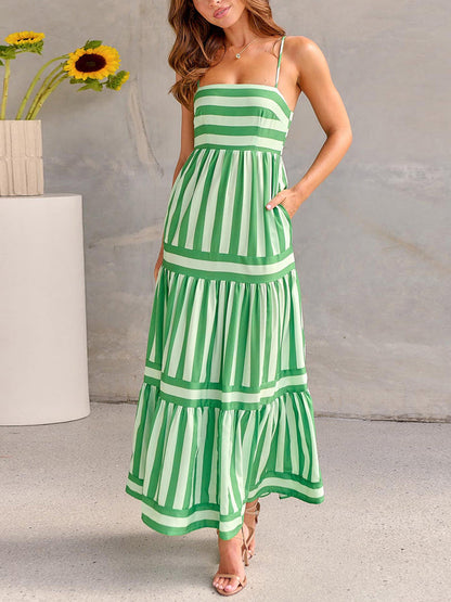 Striped Tiered Maxi Dress with Pockets – Women’s Summer Slip Dress with Spaghetti Straps, Flowy Fit, and Breezy Feel