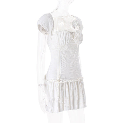 Women’s Autumn Square-Neck Mini Dress – Elegant Slim Ruched Short-Sleeve Dress for Streetwear, Parties, and Date Nights
