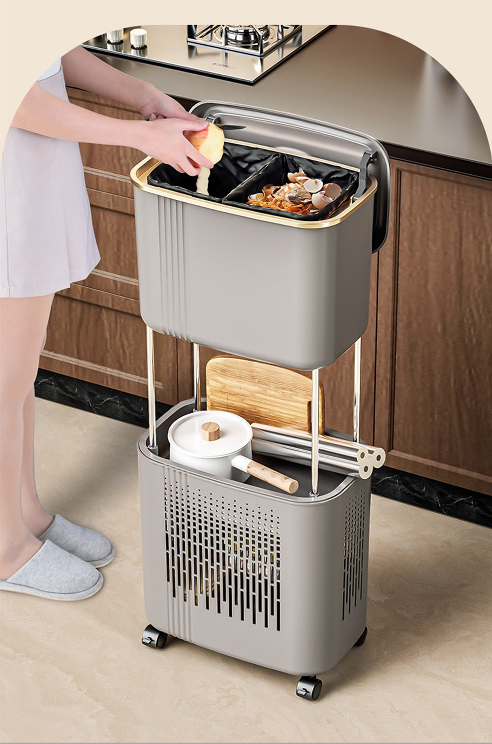 Movable Kitchen Trash Can with Lid – Double-Layer Narrow Storage Bin, Anti-Odor Design for Home and Recycling Use