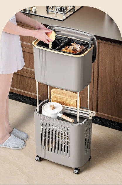 Movable Kitchen Trash Can with Lid – Double-Layer Narrow Storage Bin, Anti-Odor Design for Home and Recycling Use