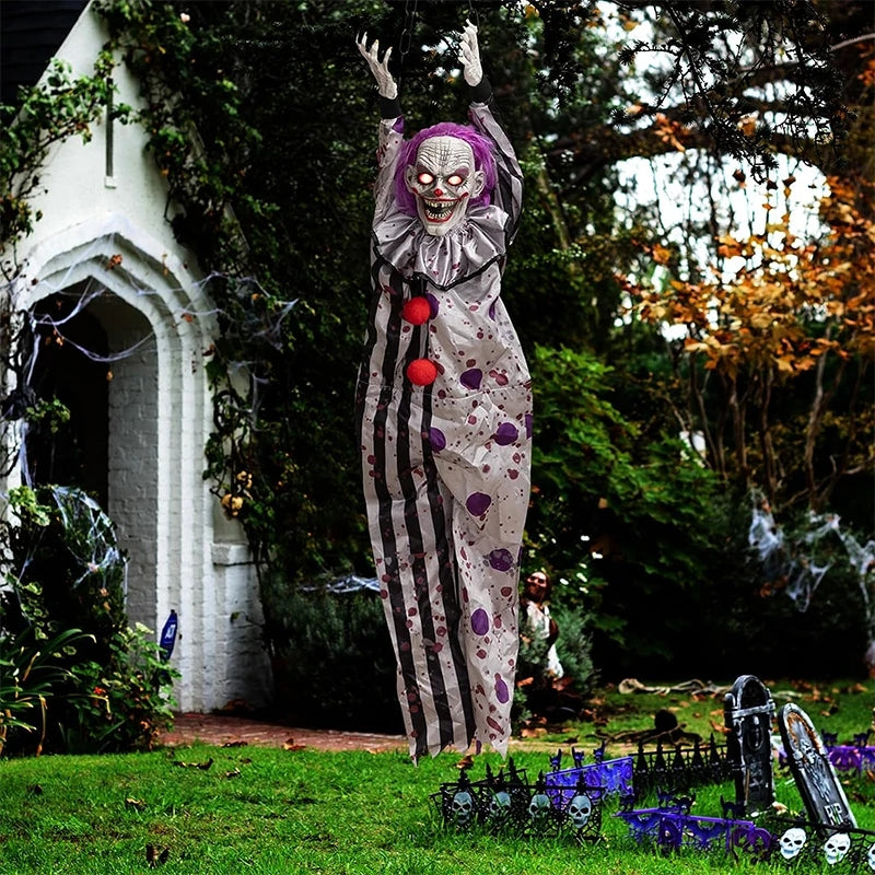 Sound-Activated Hanging Ghost Decoration – Halloween Talking Clown Prop with Glowing Lights for Haunted House, Porch, and Party Decor