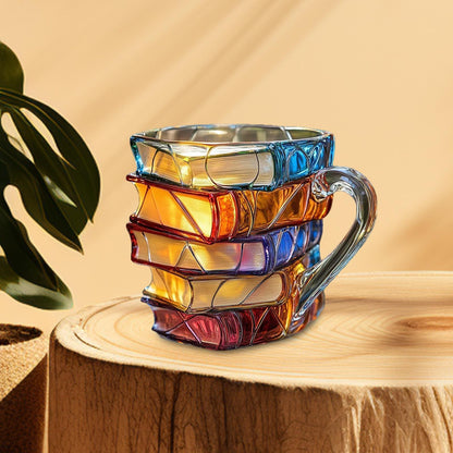 Painted Stacked Books Mug – 3D Colorful Lightweight Handmade Novelty Cup, Perfect Librarian Gift, Multipurpose Desk and Home Ornament