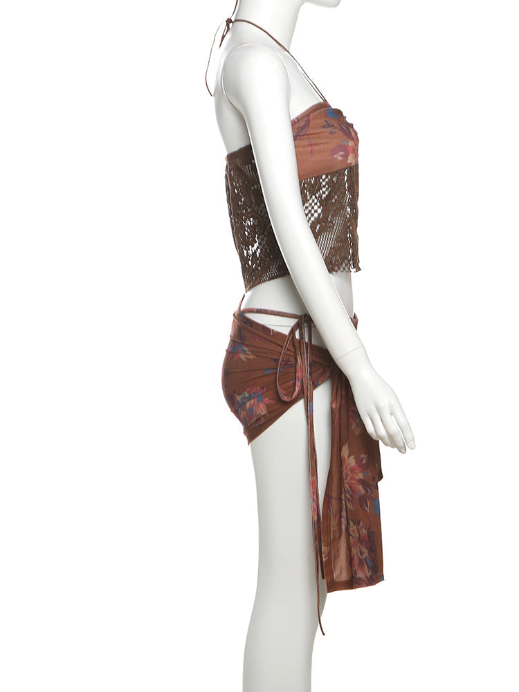 Women’s Three Piece Floral Knit Set – Halter Camisole, Lace-Up Briefs, and Ruched Knot Skirt for Beach or Clubwear