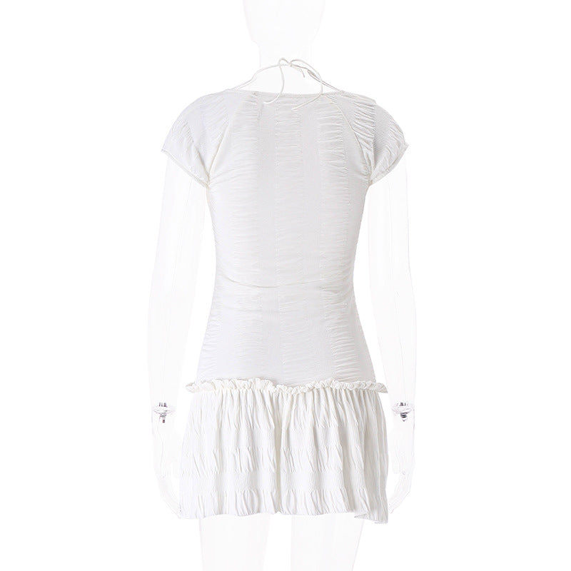 Women’s Autumn Square-Neck Mini Dress – Elegant Slim Ruched Short-Sleeve Dress for Streetwear, Parties, and Date Nights