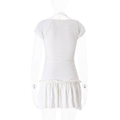Women’s Autumn Square-Neck Mini Dress – Elegant Slim Ruched Short-Sleeve Dress for Streetwear, Parties, and Date Nights