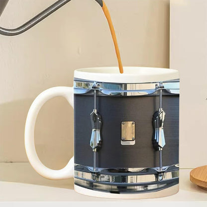 Black Ceramic Drum Mug – Unique 325ml Coffee Cup for Musicians, Drummers, and Music Lovers with Cool Retro Design