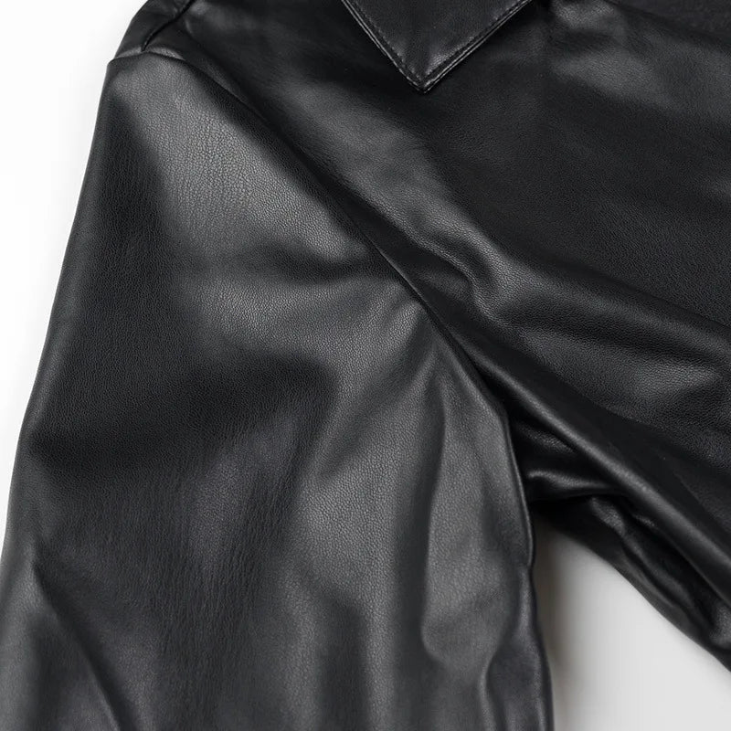 Women’s V-Neck PU Leather Long Sleeve Jumpsuit with Short Skirt – Stylish Party Outfit for Autumn and Winter Fashion