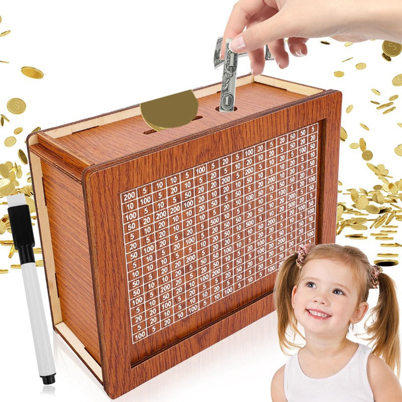 Wooden Cash Vault Savings Box – Secure Adult Money Bank with Target Tracker & Numbered Goal Display